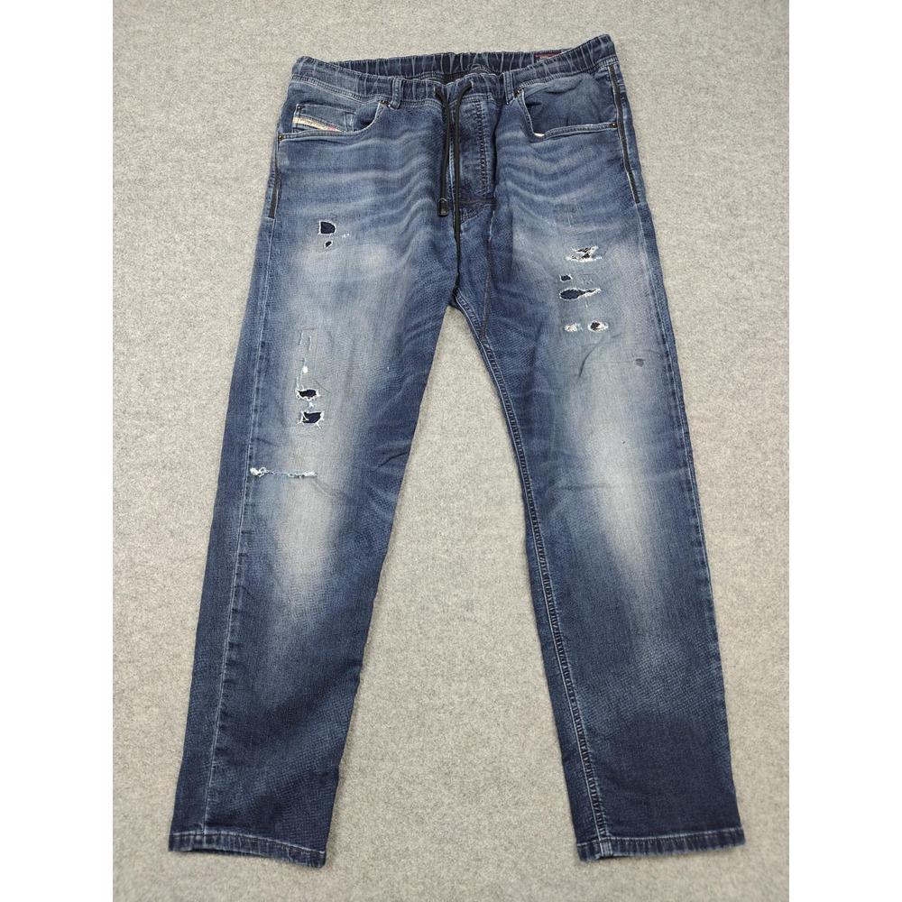 Diesel Narrot Denim + Sweat Jeans Mens 36x30 Blue Distressed Relaxed Tapered